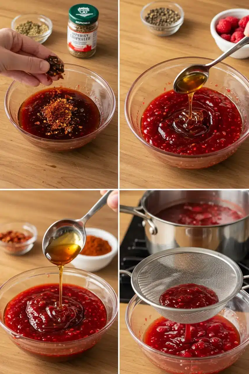 Step-by-step process of making raspberry chipotle sauce, adding spices, honey, and straining for a smooth texture.