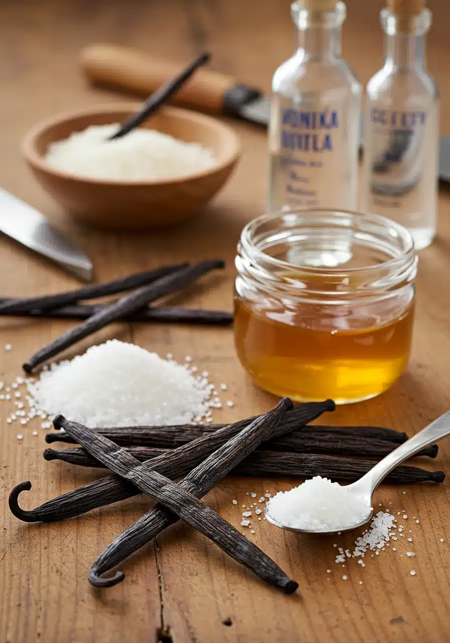 A rustic kitchen setup with vanilla beans, sugar, honey, and small bottles of alcohol, essential ingredients for a homemade vanilla paste recipe.