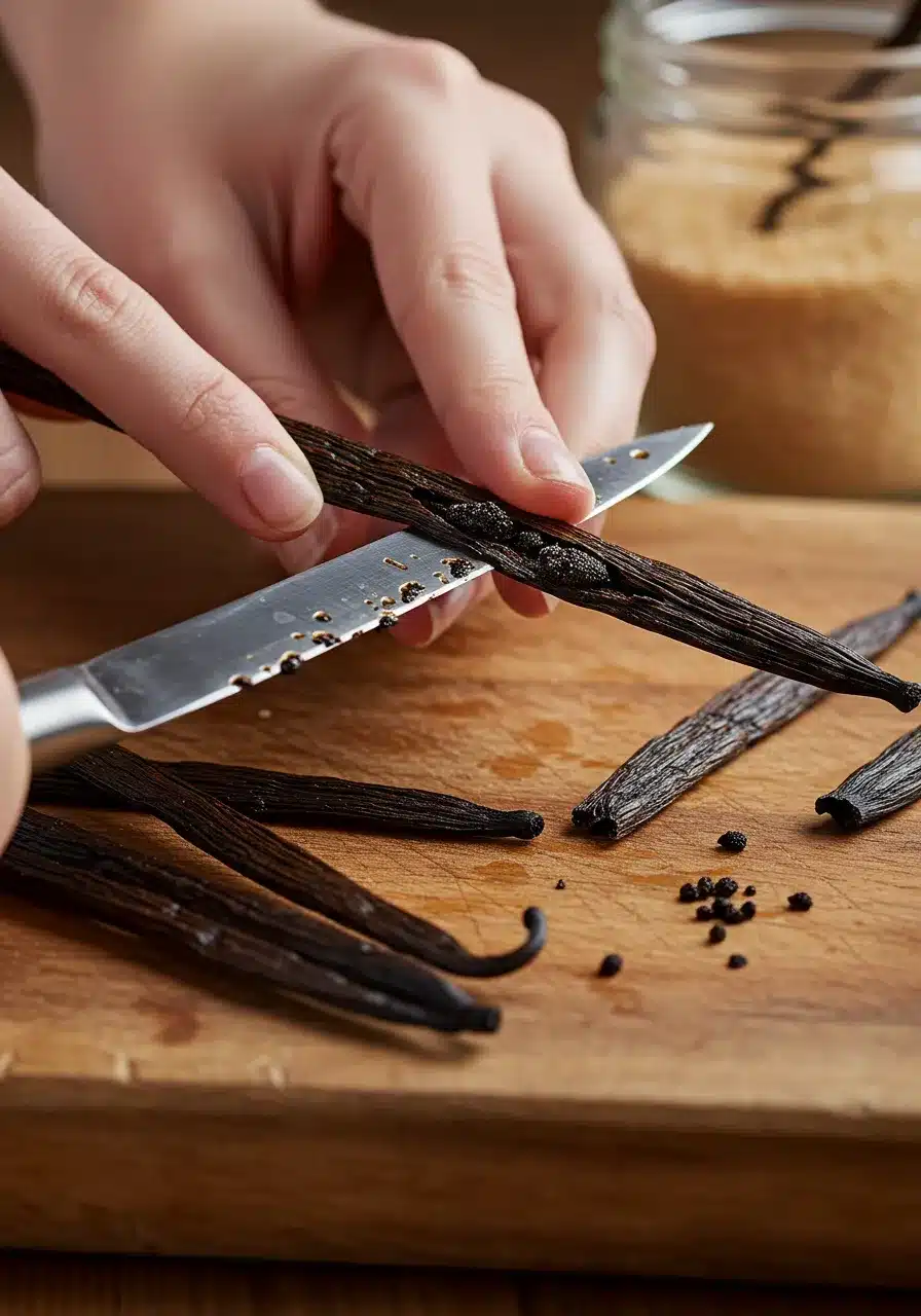 Close-up of hands slicing a vanilla bean and scraping out the tiny black seeds on a wooden cutting board for a homemade vanilla paste recipe.
