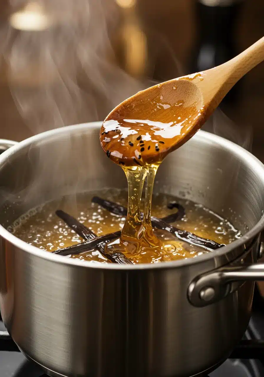 A rich, syrupy vanilla mixture with vanilla bean specks being stirred in a saucepan, creating a homemade vanilla extract blend.