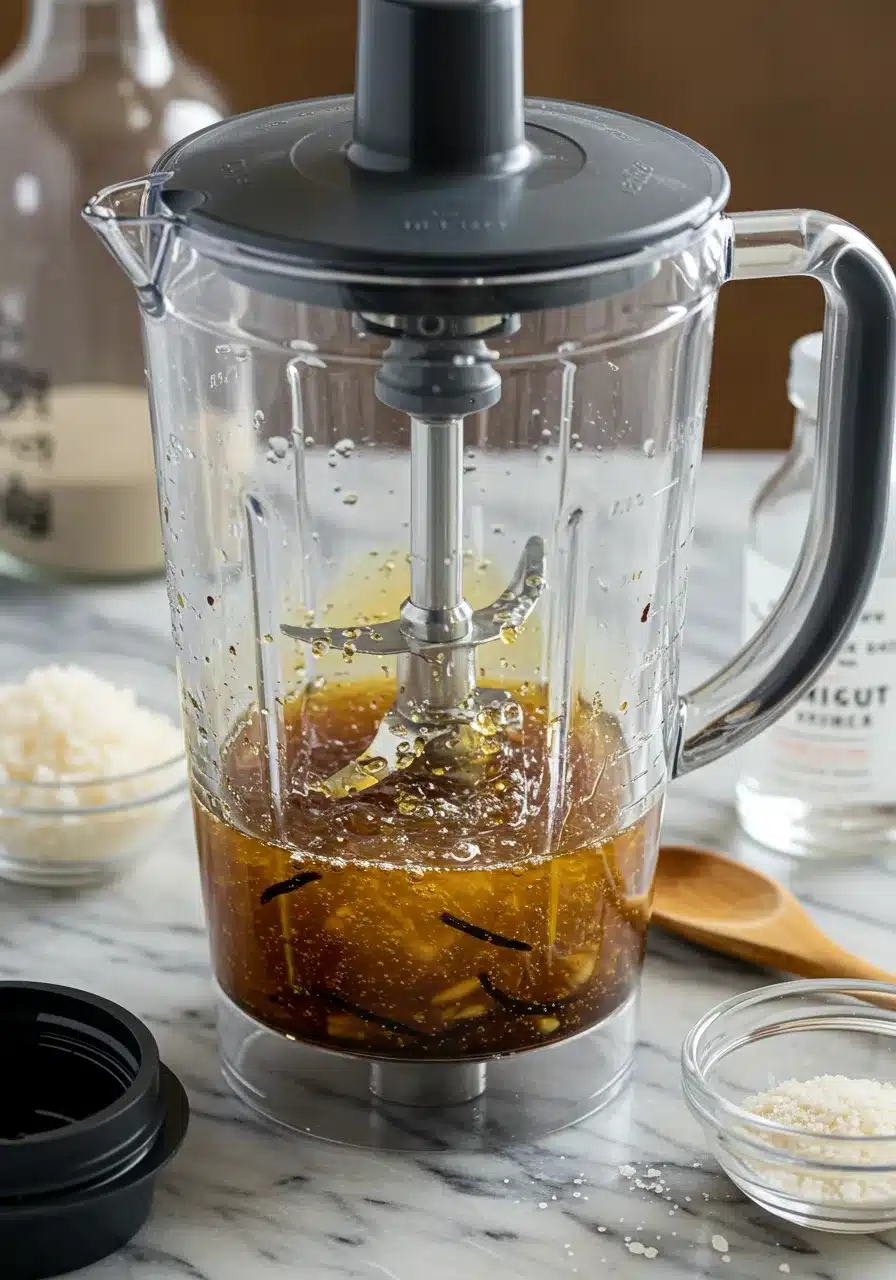 A blender filled with a homemade vanilla concentrate mixture, ready to be blended into a smooth, flavorful extract.