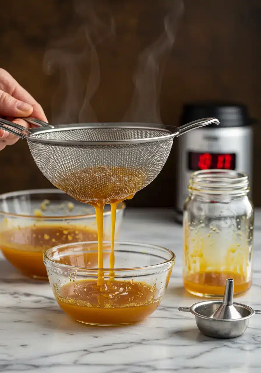 Straining a warm, golden homemade vanilla infusion through a fine mesh sieve into a glass bowl for a smooth, rich extract.
