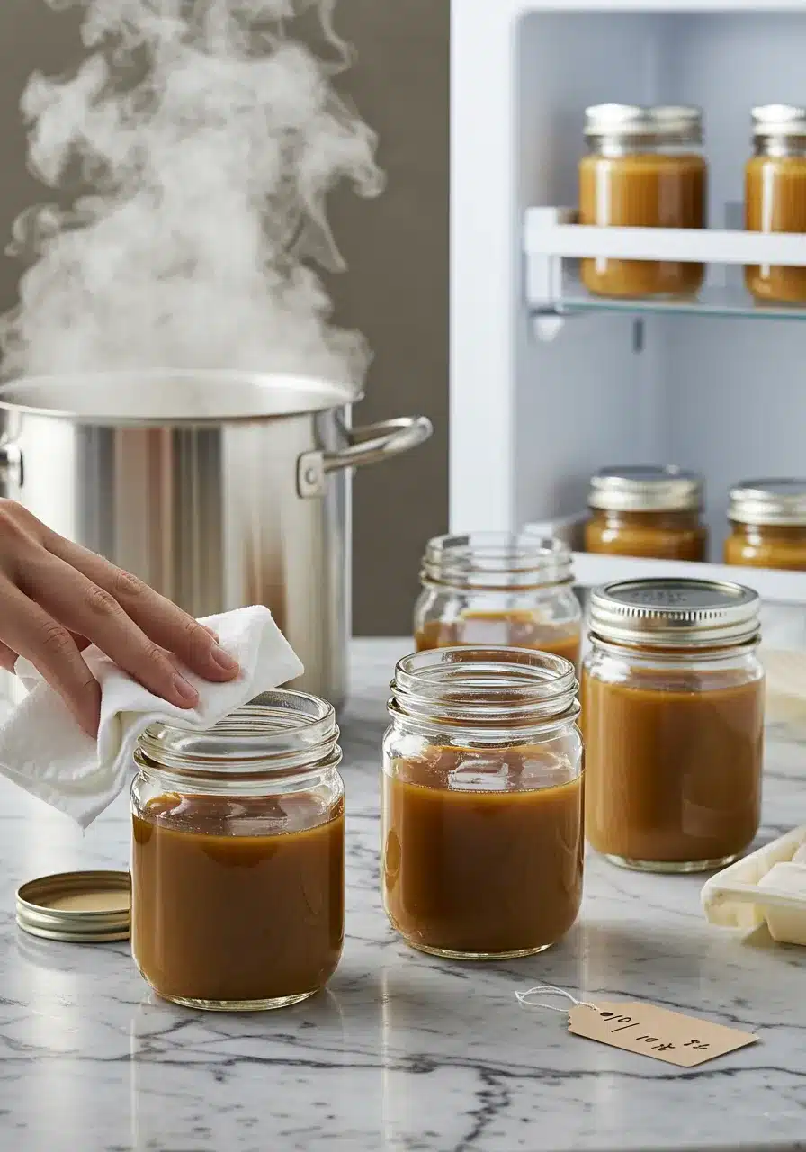 Freshly prepared homemade vanilla spread being stored in glass jars, ready for refrigeration and future use.