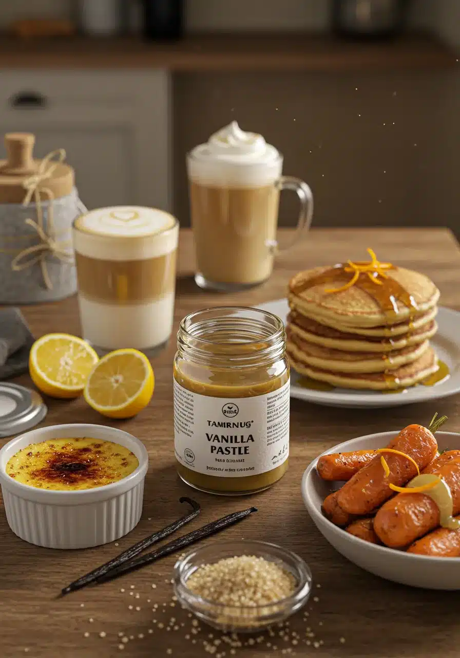 A jar of vanilla blend surrounded by pancakes, crème brûlée, coffee drinks, and glazed carrots, showcasing its versatility in sweet and savory dishes.