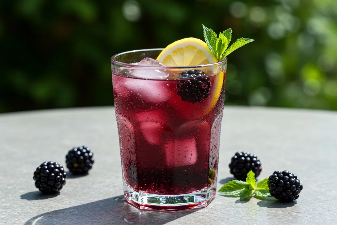 A refreshing glass of blackberry lemonade summer drink with lemon slice, blackberry, and mint garnish on a sunny outdoor table.