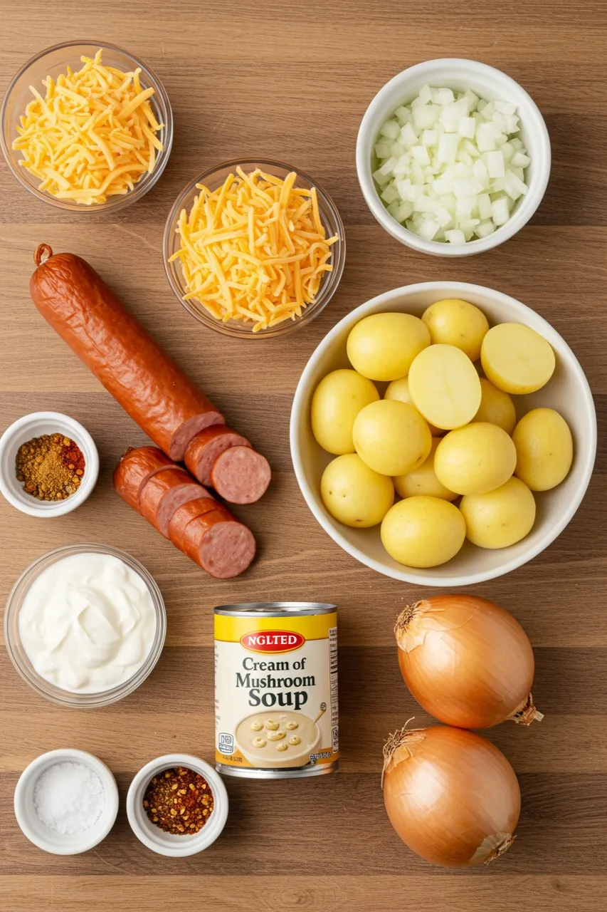 Ingredients for crockpot cheesy kielbasa meal laid out on a wooden surface.