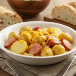 Bowl of crockpot cheesy kielbasa and potatoes served with sliced rustic bread.