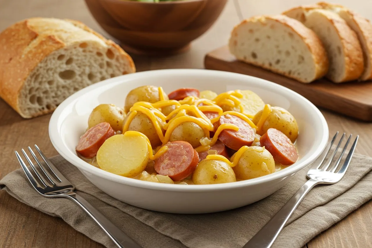 Bowl of crockpot cheesy kielbasa and potatoes served with sliced rustic bread.