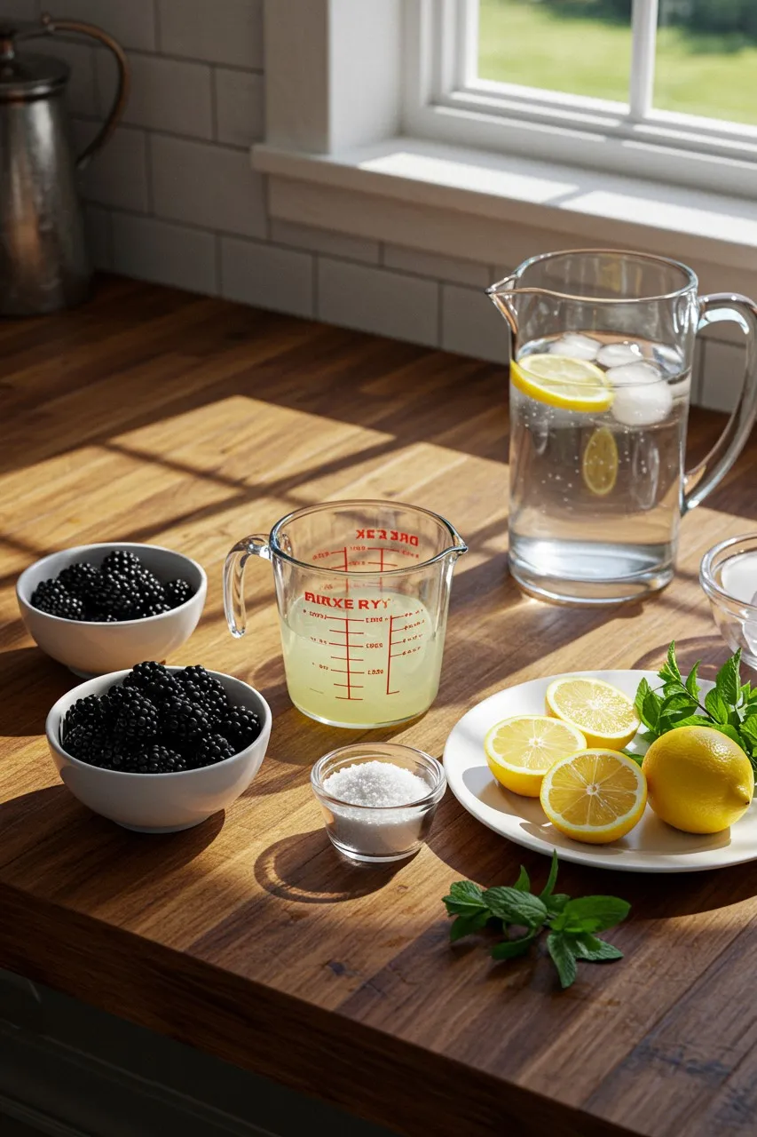 Ingredients for blackberry lemonade summer drink, including blackberries, lemon juice, sugar, water, and mint on a wooden counter.