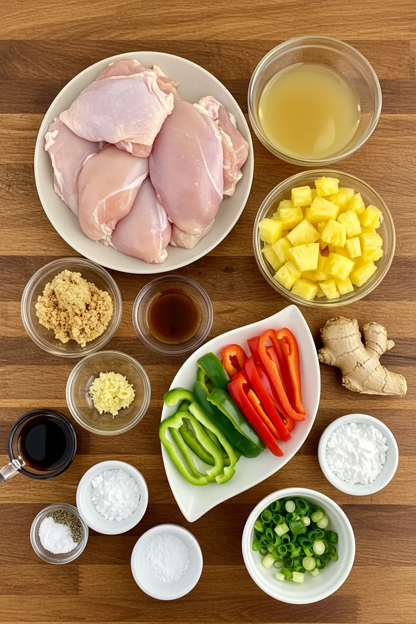 Ingredients for Sweet Hawaiian Crockpot Chicken arranged on a wooden surface.