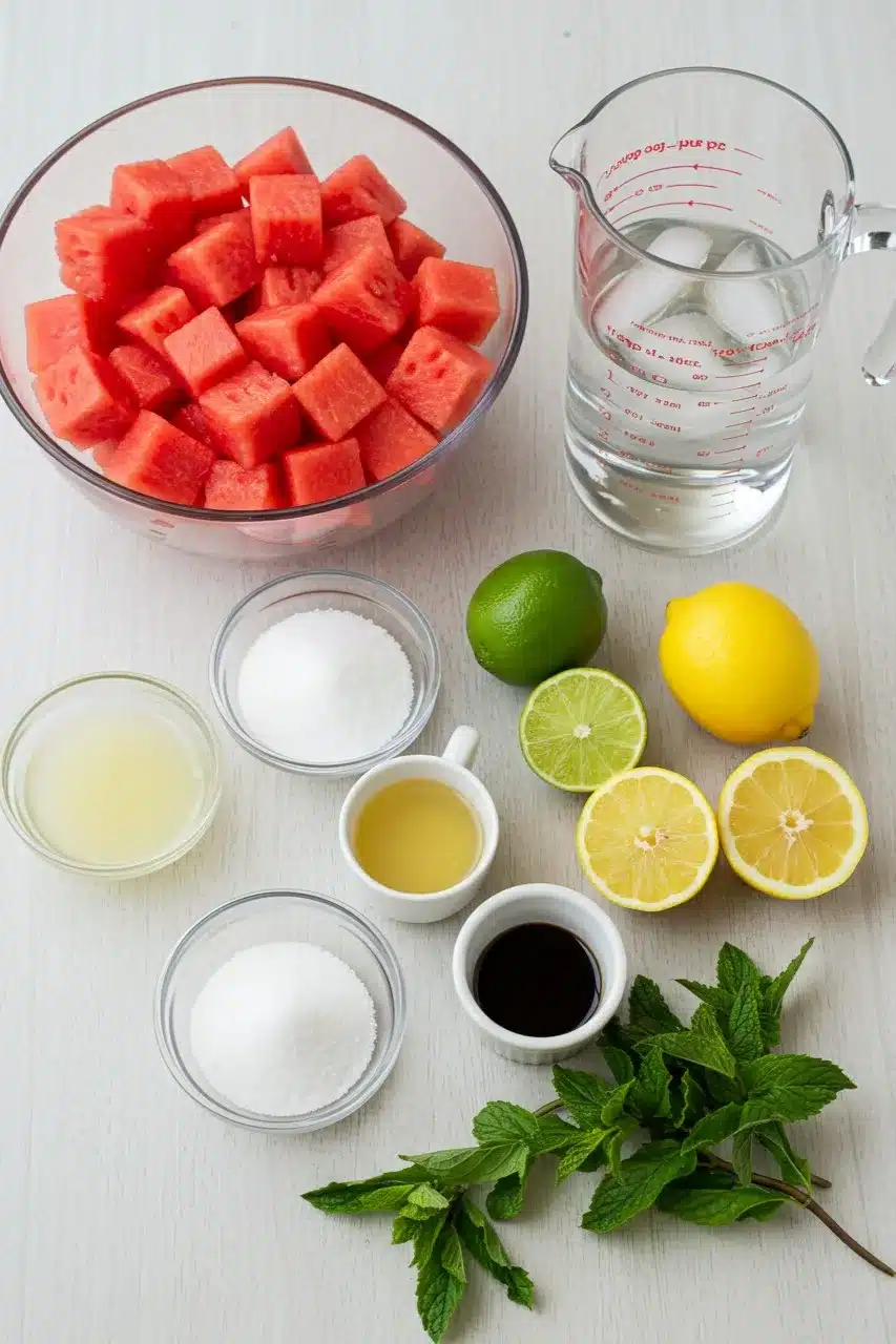 Ingredients for Watermelon Lemonade Summer Drink including watermelon cubes, lemon, lime, sugar, and fresh mint.