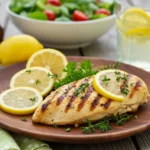 Grilled lemon herb chicken on a wooden plate with lemon slices and fresh herbs, served with salad and lemonade – summer recipes dinner easy.