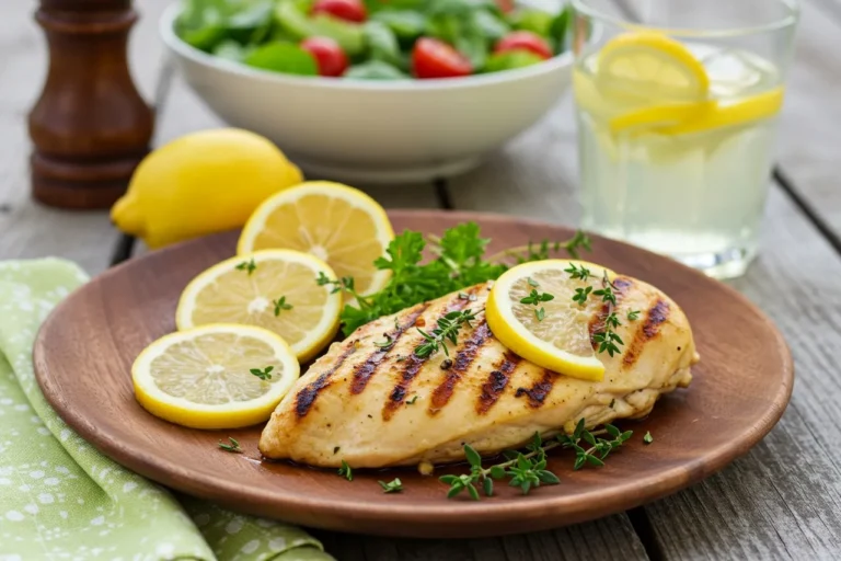 Grilled lemon herb chicken on a wooden plate with lemon slices and fresh herbs, served with salad and lemonade – summer recipes dinner easy.