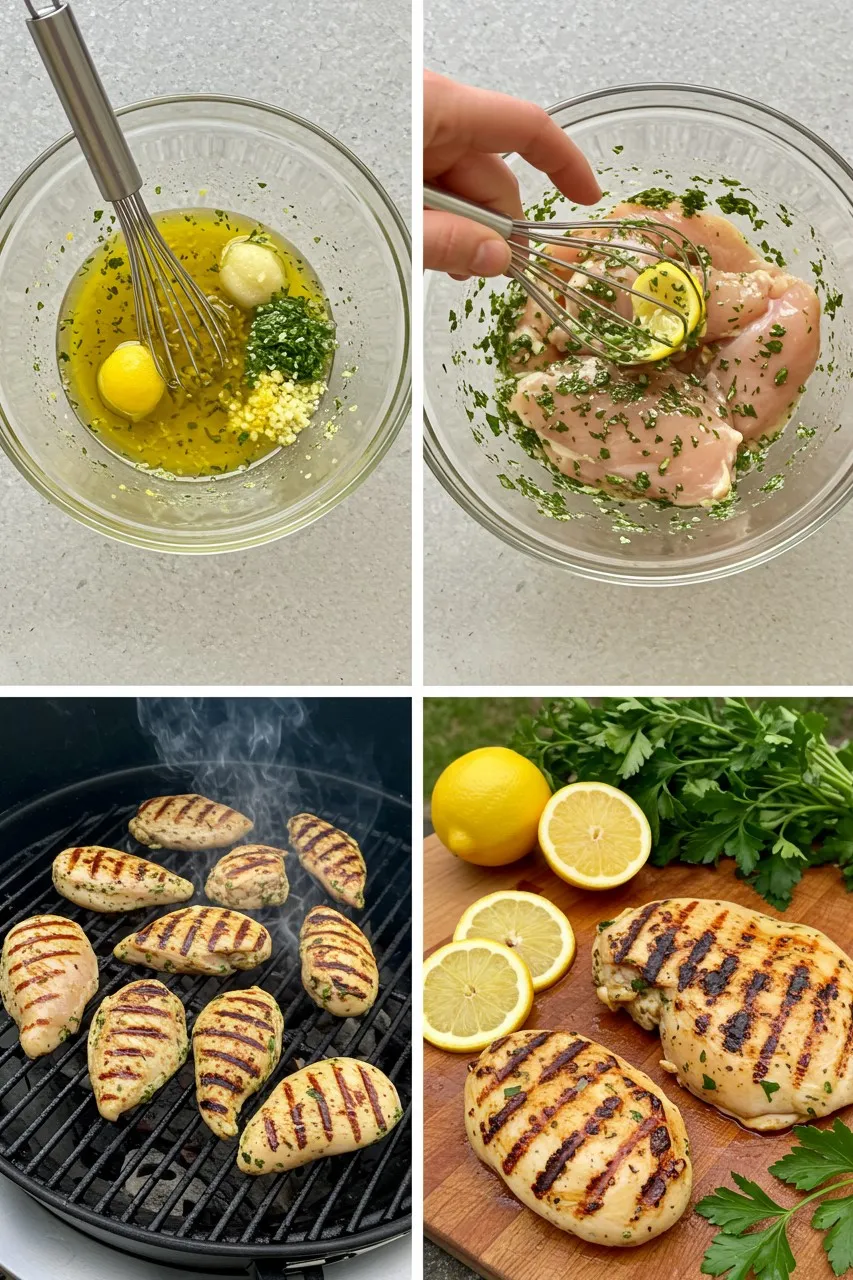 Step-by-step images showing how to prepare grilled lemon herb chicken for summer recipes dinner easy — marinating, grilling, and serving.