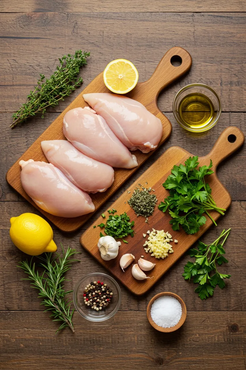 Fresh ingredients for summer recipes dinner easy including raw chicken breasts, lemon, garlic, herbs, olive oil, and spices on a wooden surface.