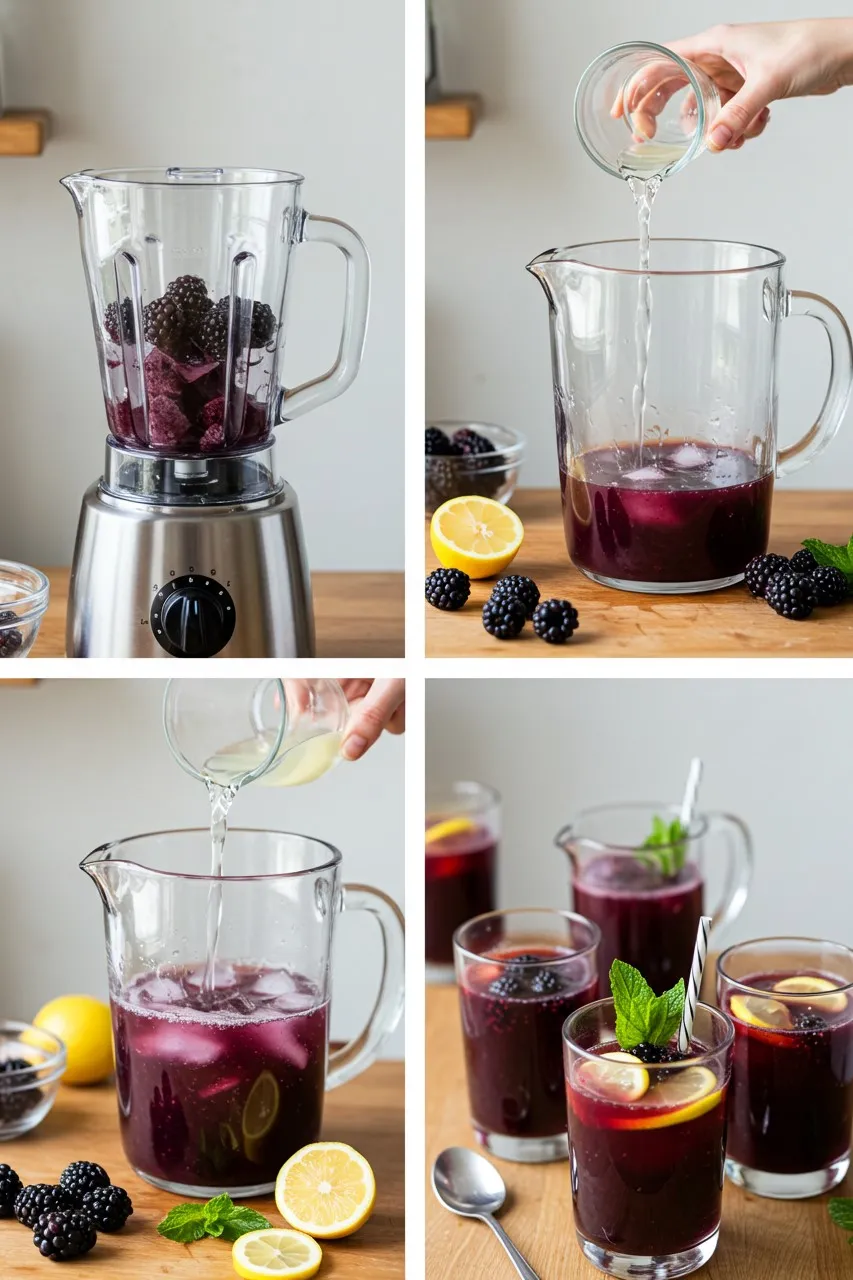 Step-by-step preparation of blackberry lemonade summer drink, blending blackberries, mixing with lemon juice, and serving with mint garnish.