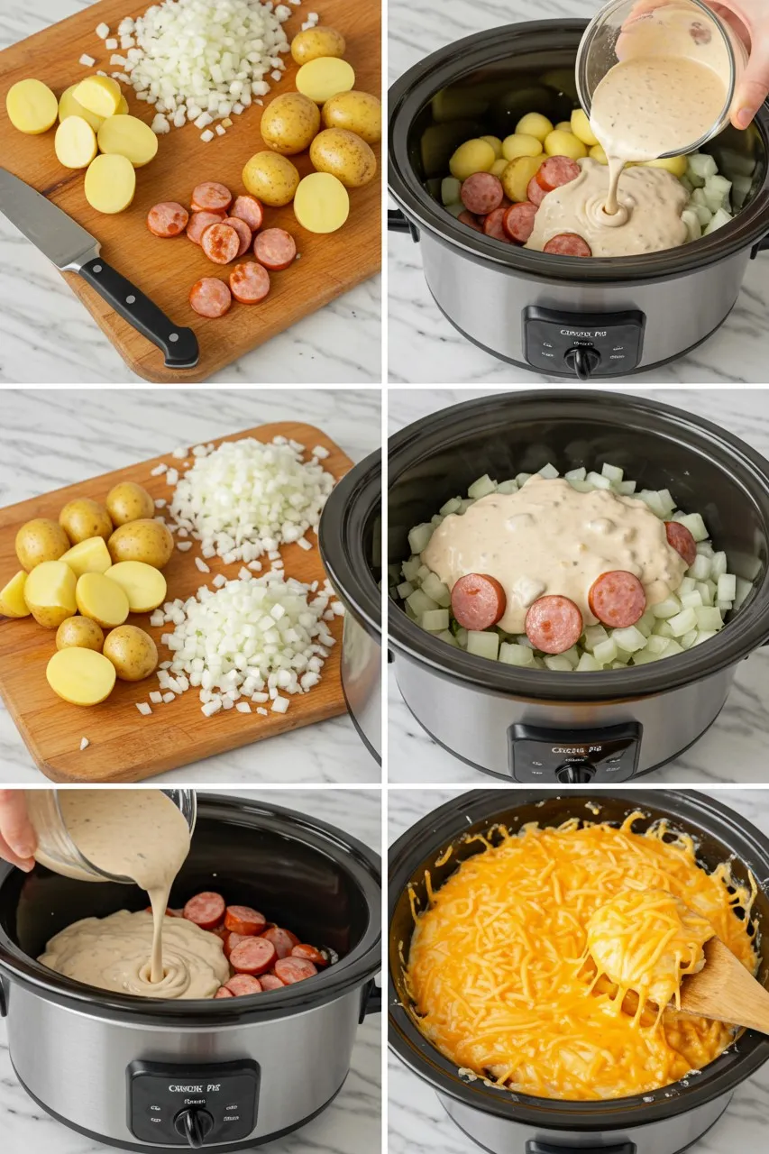 Step-by-step photos of prepping and layering crockpot cheesy kielbasa with potatoes, onions, sauce, and melted cheese.