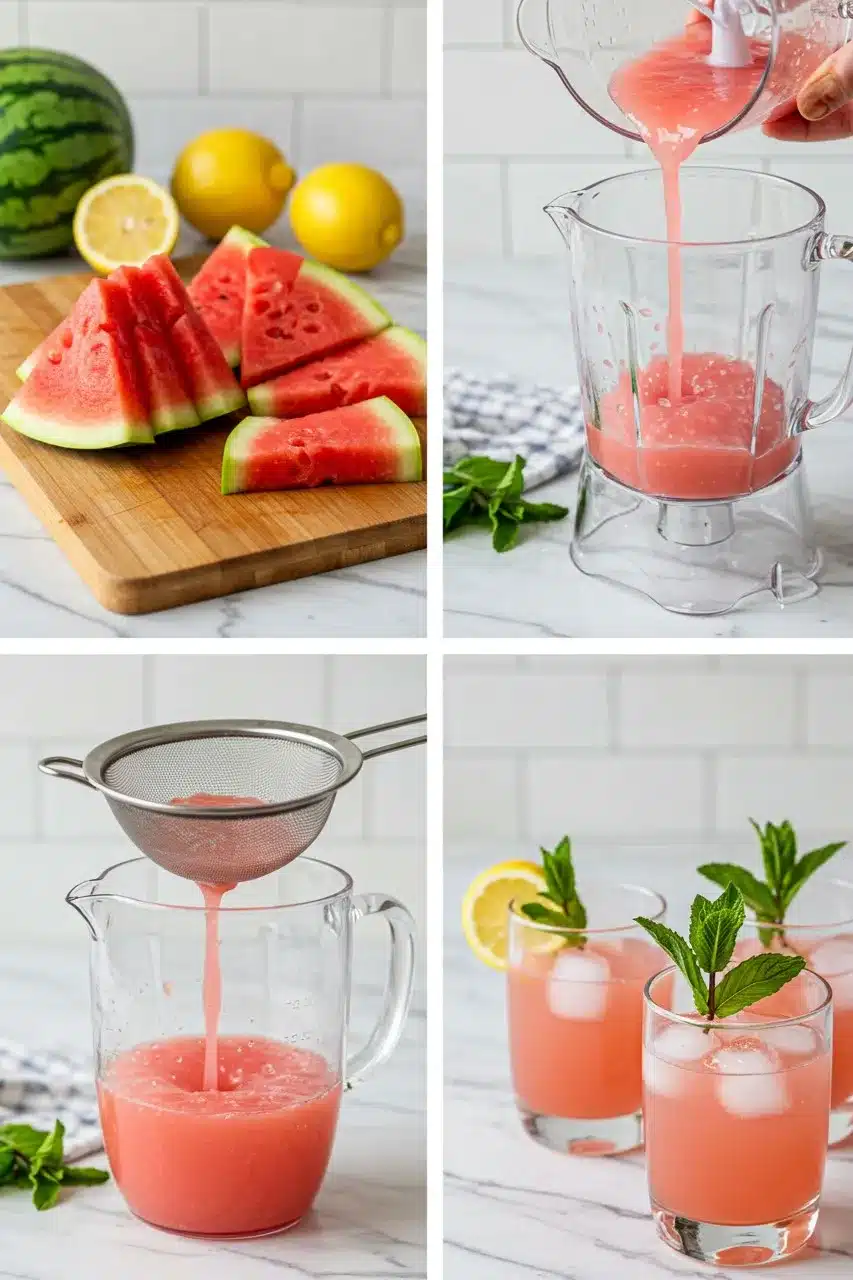 Step-by-step process of making Watermelon Lemonade Summer Drink with fresh watermelon, blending, straining, and serving.