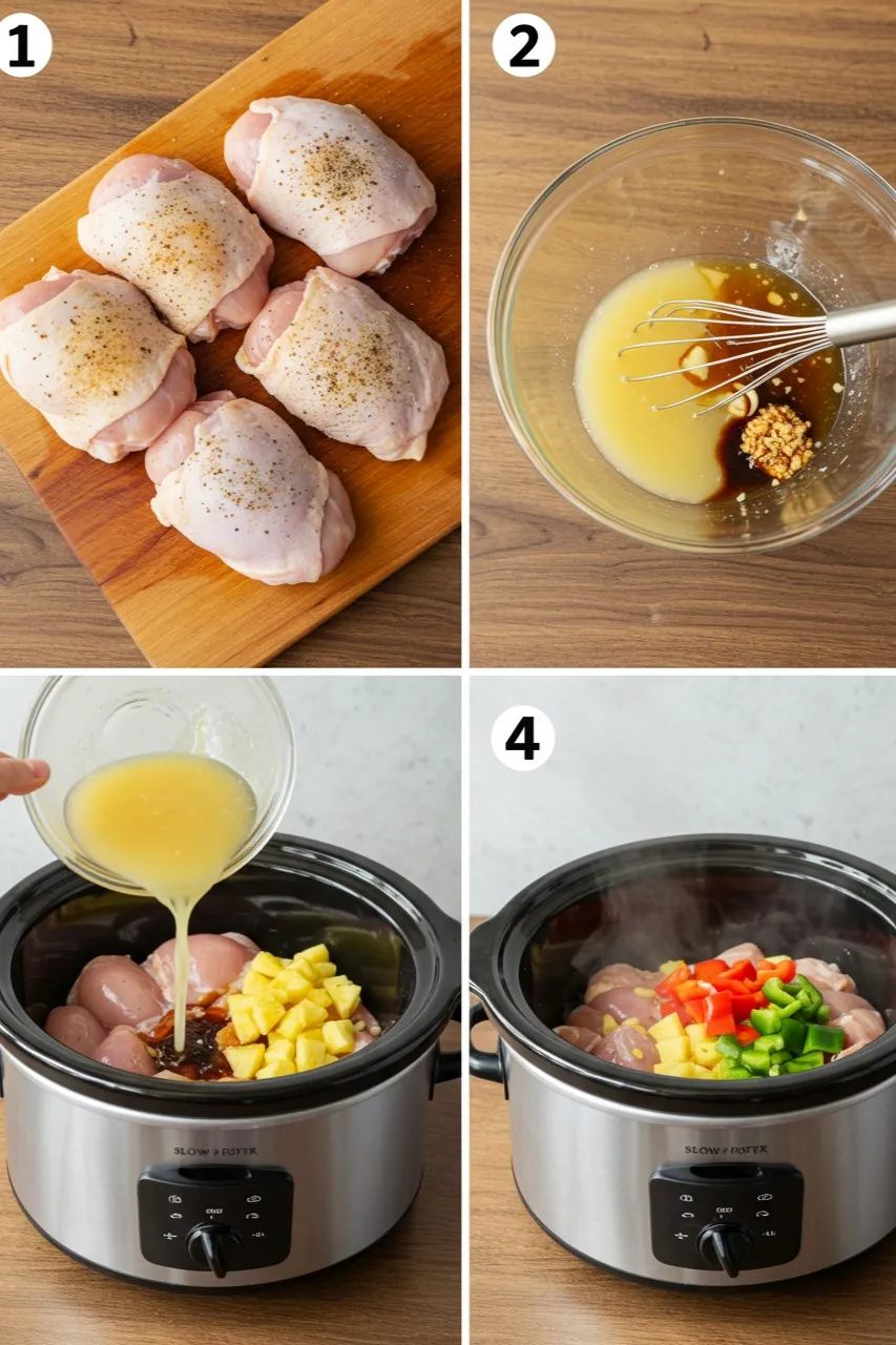 Step-by-step preparation of Sweet Hawaiian Crockpot Chicken in a slow cooker.