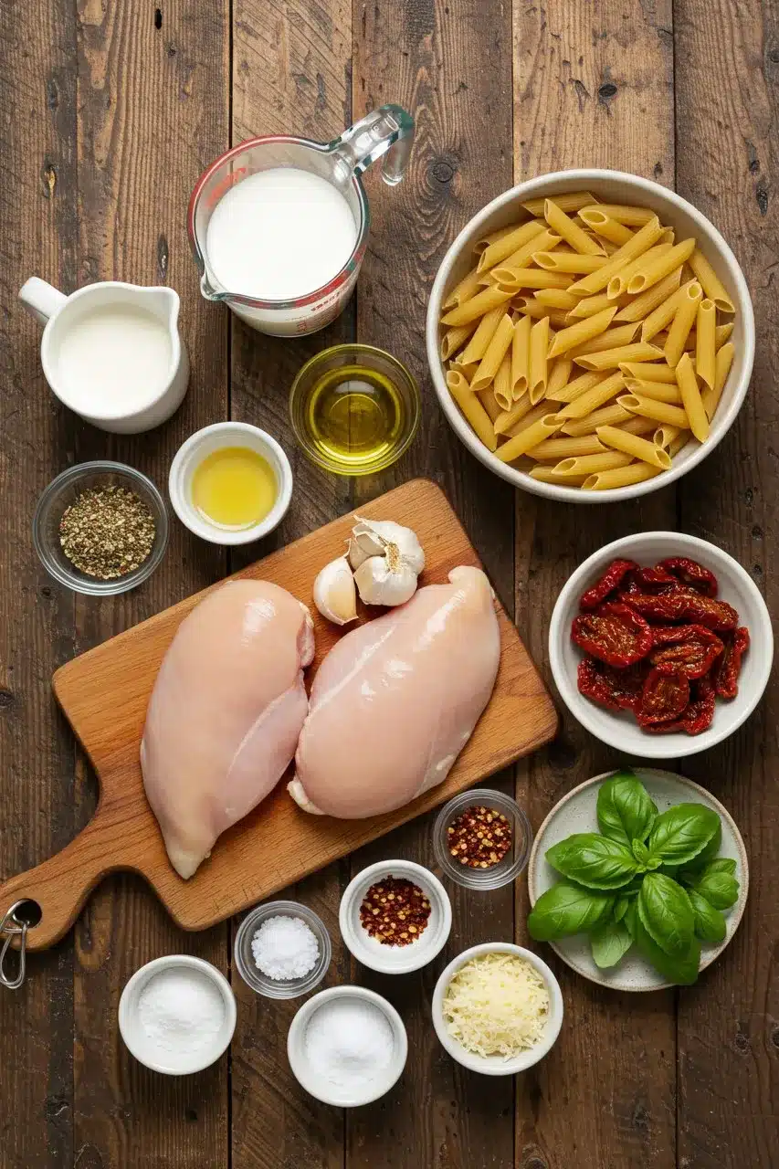 Ingredients for Marry Me Chicken Pasta displayed on a rustic wooden table, including chicken breasts, pasta, cream, garlic, and herbs.