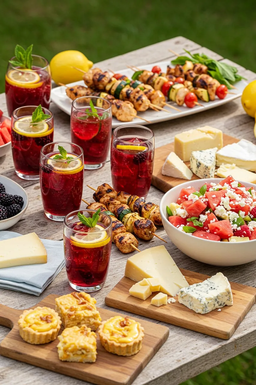 Outdoor picnic table with blackberry lemonade summer drink, grilled chicken skewers, cheese board, and watermelon feta salad.