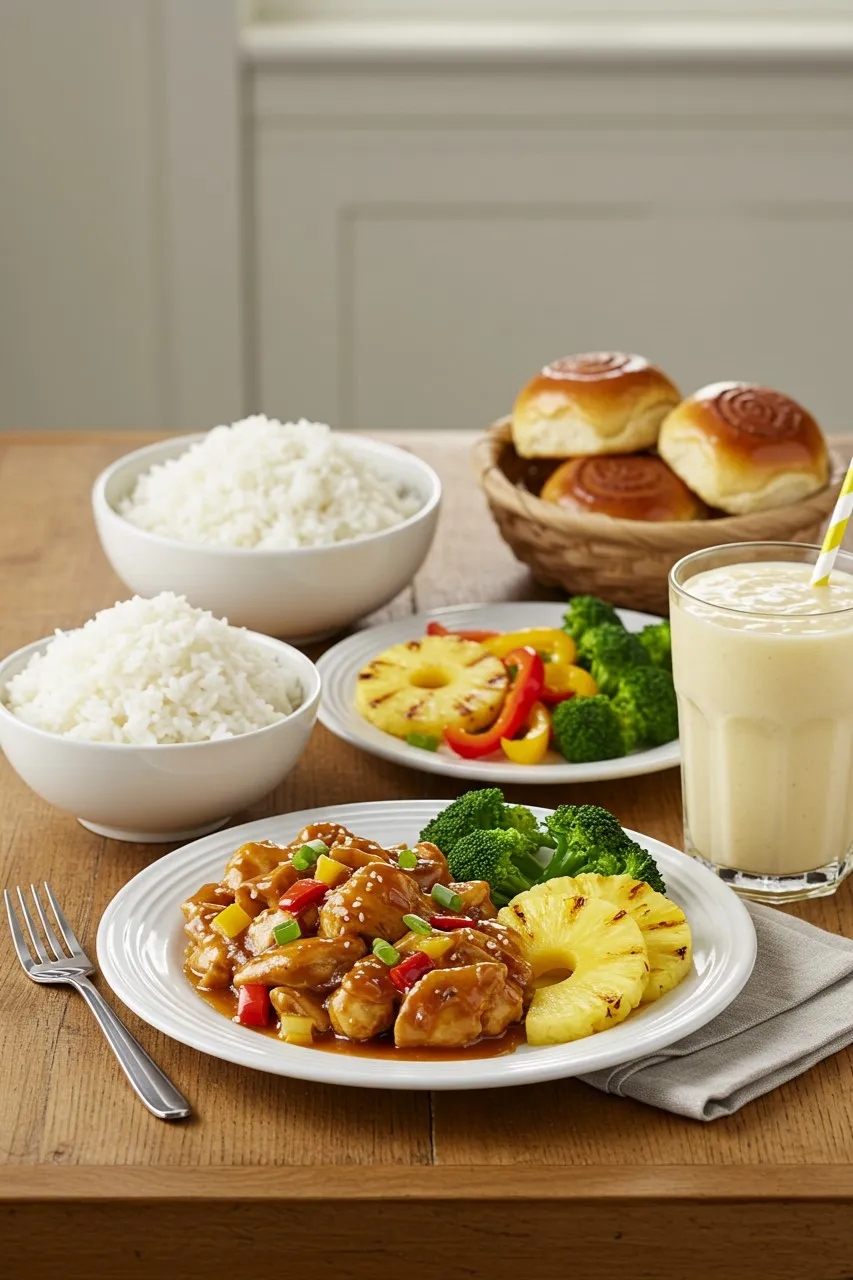 Sweet Hawaiian Crockpot Chicken served with rice, grilled pineapple, vegetables, and Hawaiian rolls.