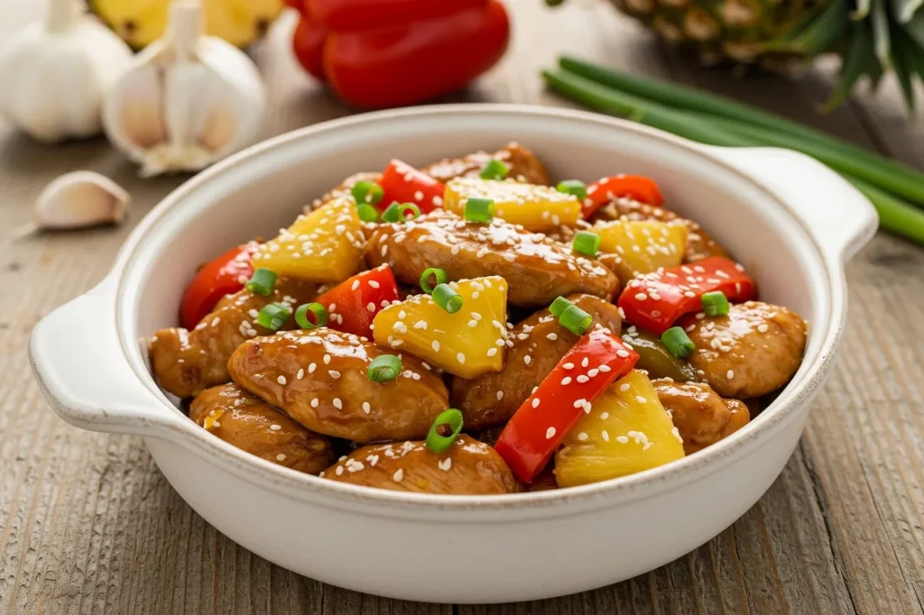 Sweet Hawaiian Crockpot Chicken with pineapple chunks and bell peppers in a white bowl.