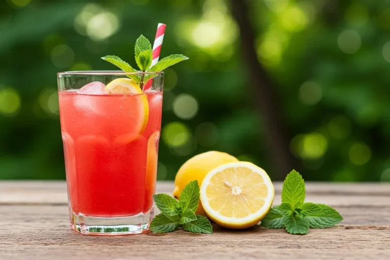 Refreshing glass of Watermelon Lemonade Summer Drink with lemons and mint on a wooden table outdoors.
