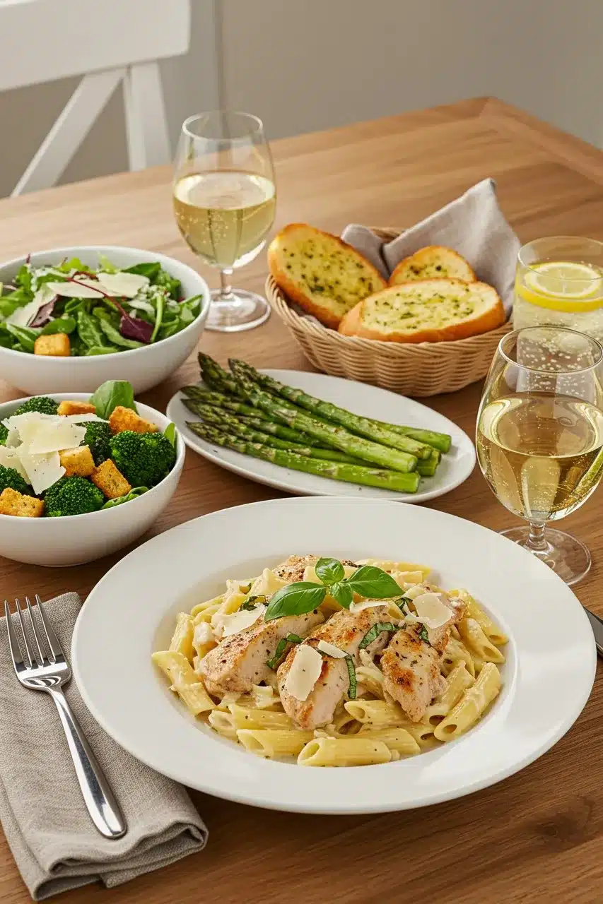 Marry Me Chicken Pasta served with garlic bread, roasted asparagus, fresh salads, and white wine on a wooden dining table.