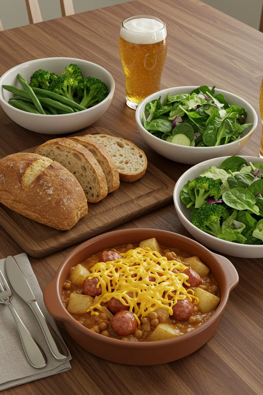 Crockpot cheesy kielbasa served with crusty bread, green vegetables, salad, and a glass of cold beer.