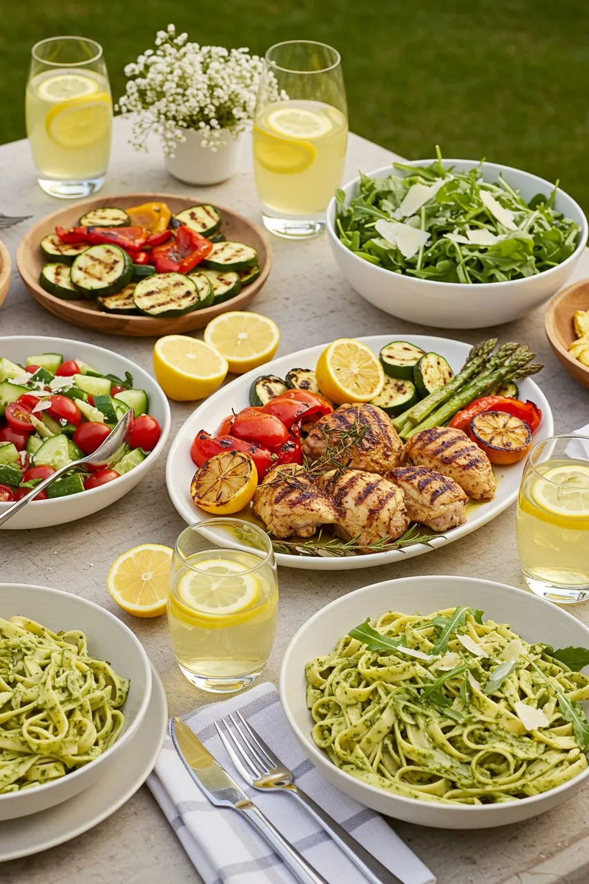 Outdoor table set with grilled chicken, lemon pasta, summer salads, and lemonade — perfect pairing ideas for summer recipes dinner easy.