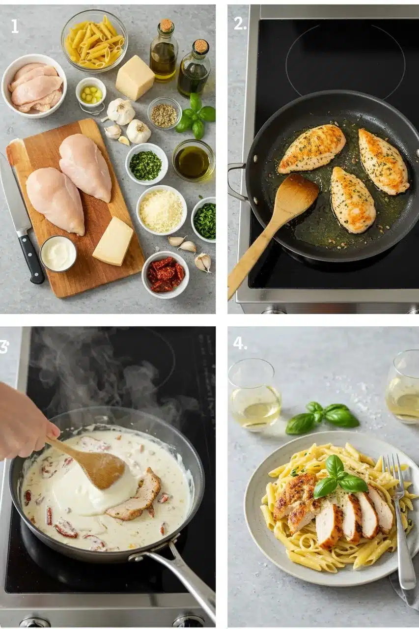 Step-by-step visual guide showing how to make Marry Me Chicken Pasta, from ingredients to cooking and serving.