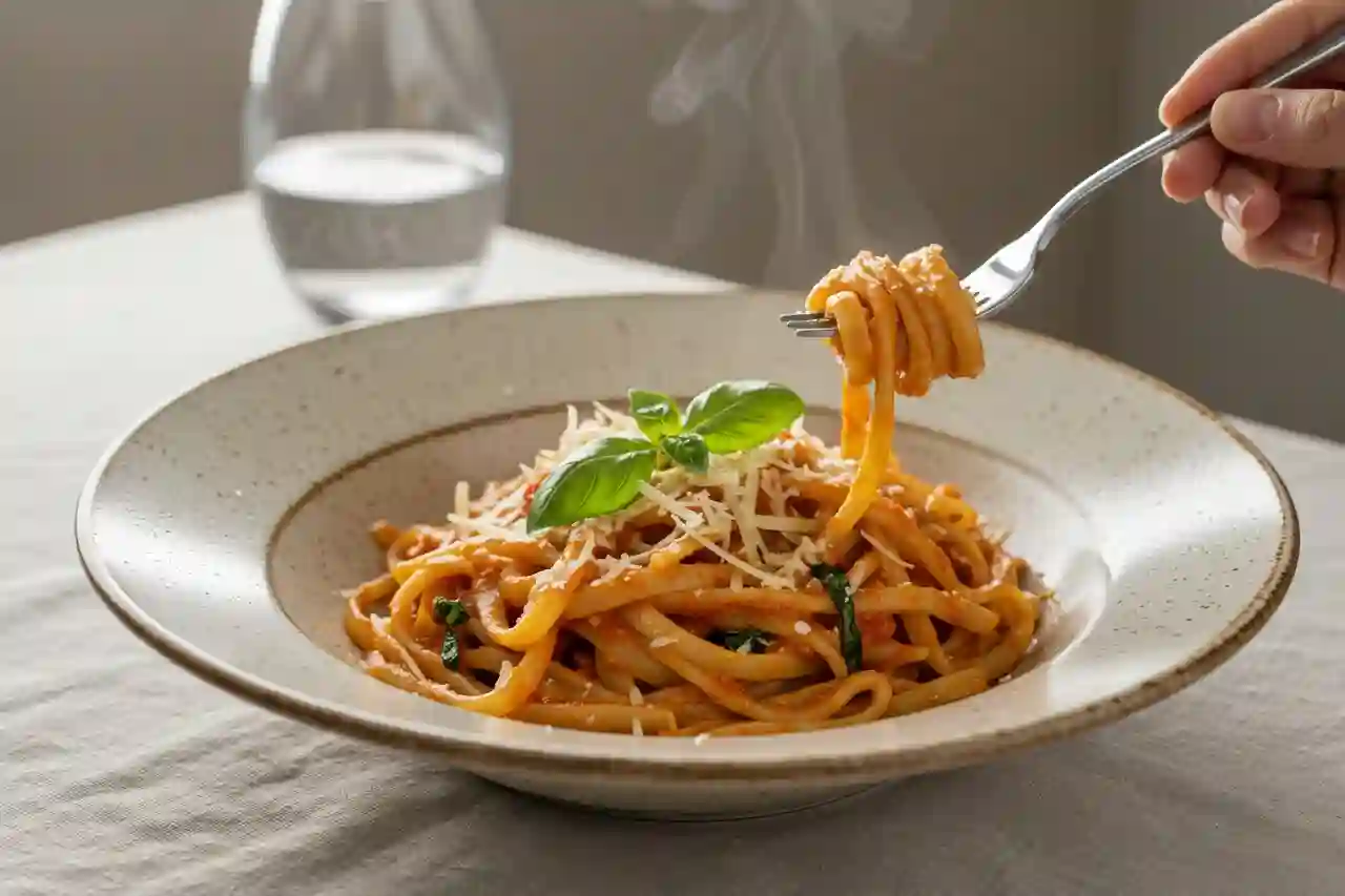 Pasta with creamy palomino sauce and parmesan on rustic table