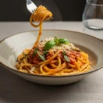 Serving of creamy palomino sauce over pasta with basil and cheese