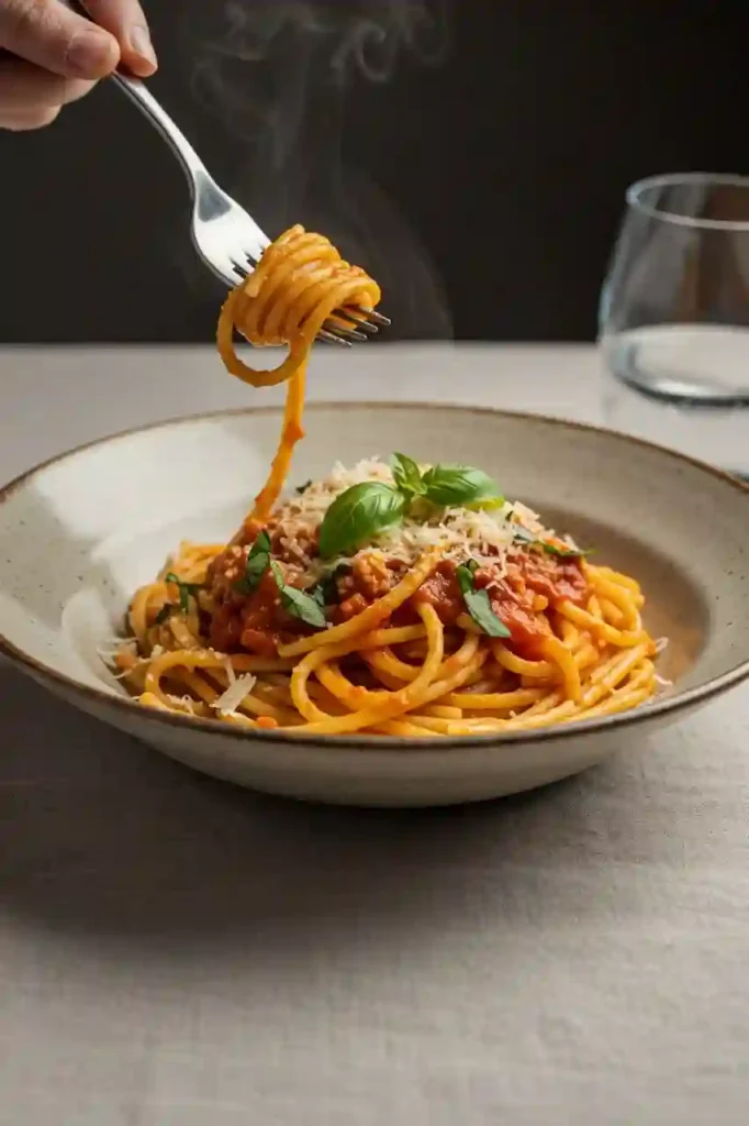 Serving of creamy palomino sauce over pasta with basil and cheese