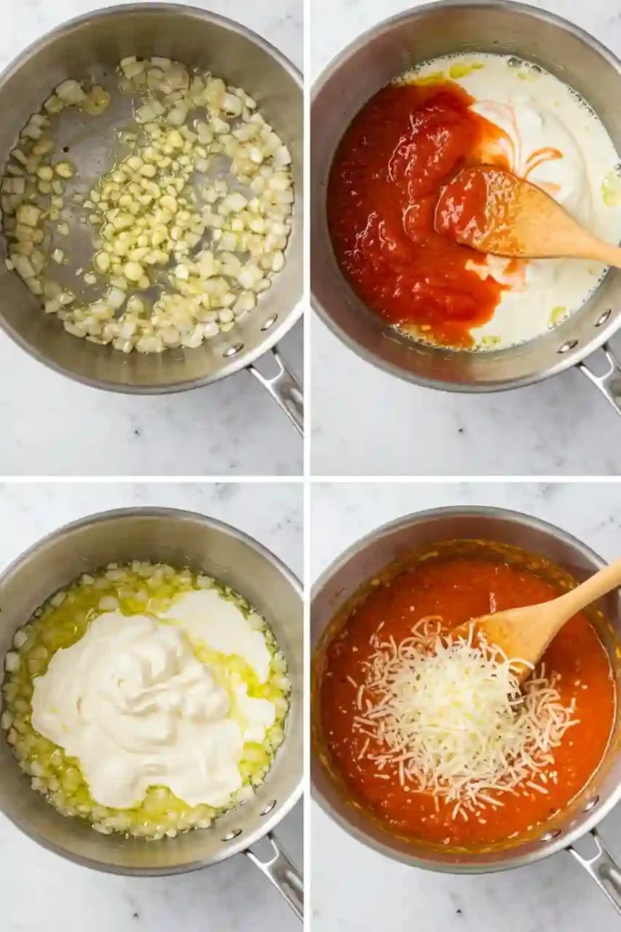 Step-by-step cooking process for creamy palomino sauce