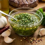 Homemade chimichurri sauce in a glass bowl with garlic, chili, and parsley