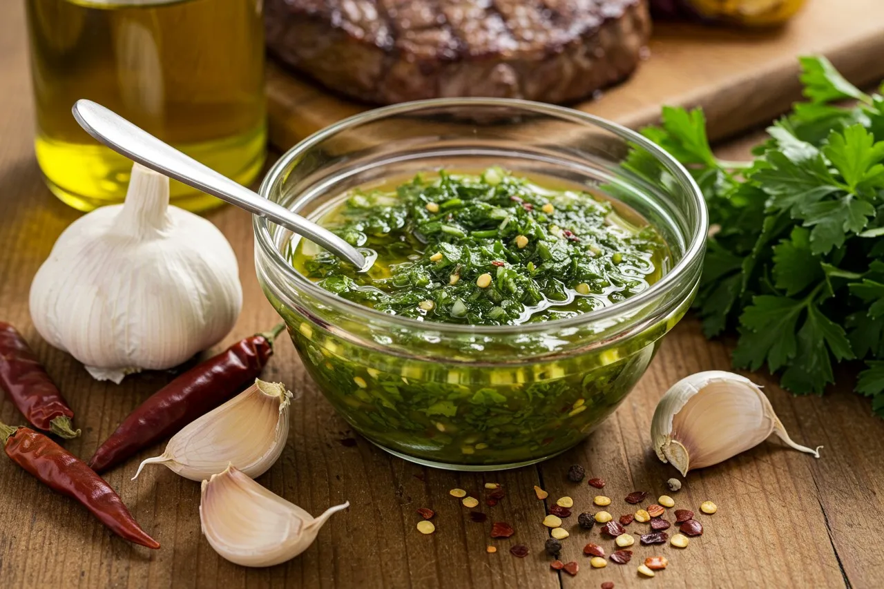 Homemade chimichurri sauce in a glass bowl with garlic, chili, and parsley