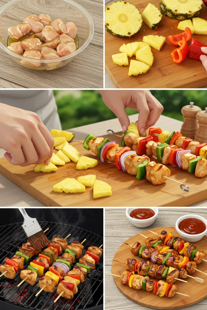Step-by-step preparation of BBQ pineapple chicken kabobs from marinating to grilling