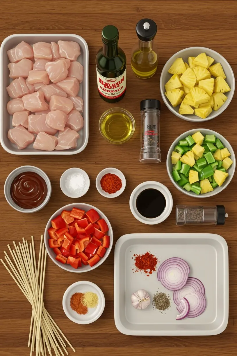 Fresh ingredients for BBQ pineapple chicken kabobs on a wooden surface