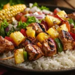 BBQ pineapple chicken kabobs served over rice with grilled corn and salad