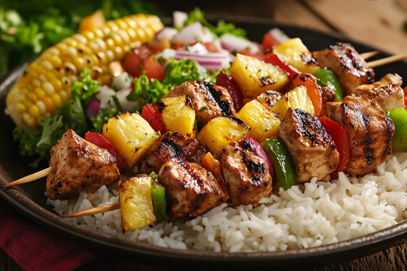 BBQ pineapple chicken kabobs served over rice with grilled corn and salad