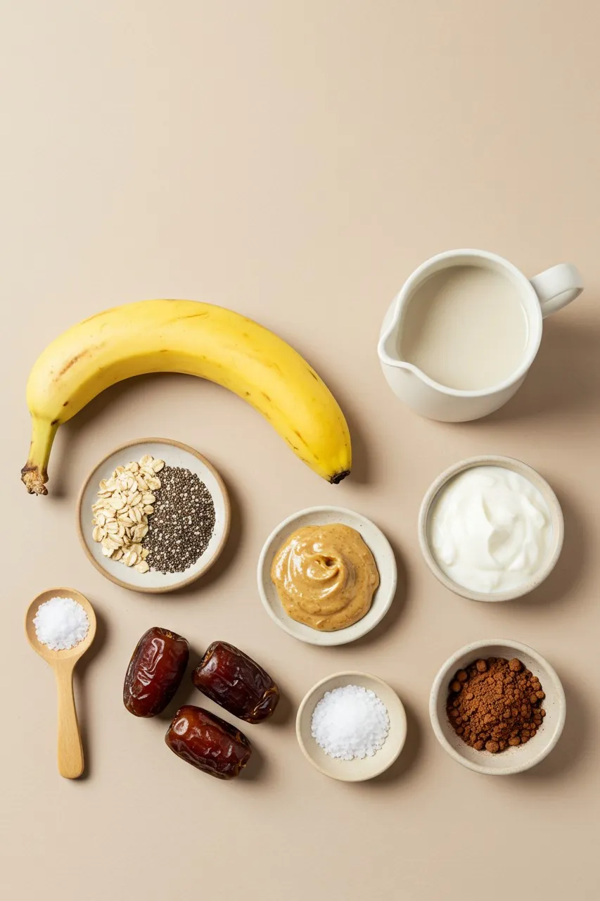 Ingredients for Banana-Date Chia Smoothie on neutral background