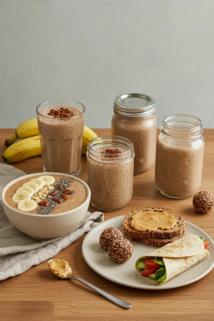 Banana-Date Chia Smoothie served in bowls, jars, and glasses with healthy sides