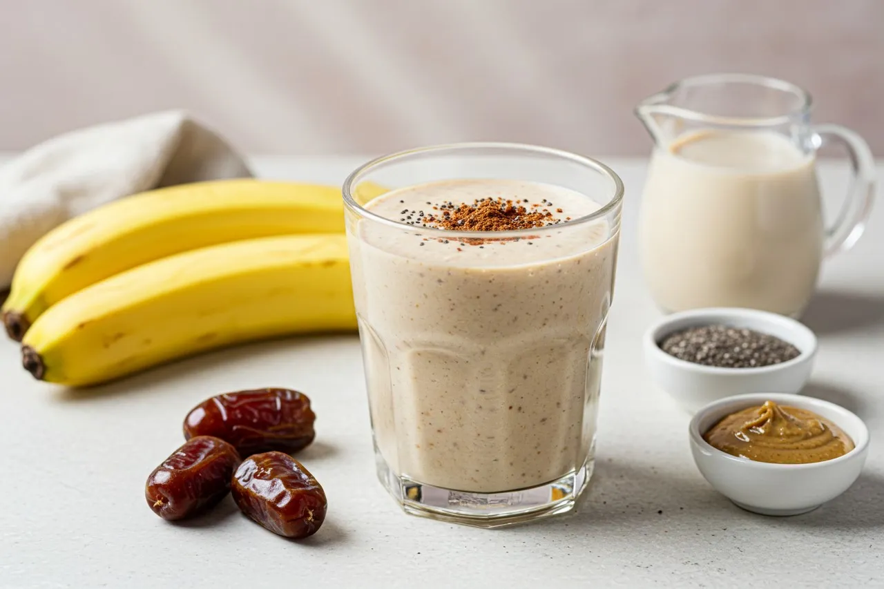 Glass of Banana-Date Chia Smoothie with ingredients around it
