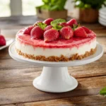 Berrylicious Strawberry Crunch Cheesecake on white cake stand with fresh strawberries and mint garnish