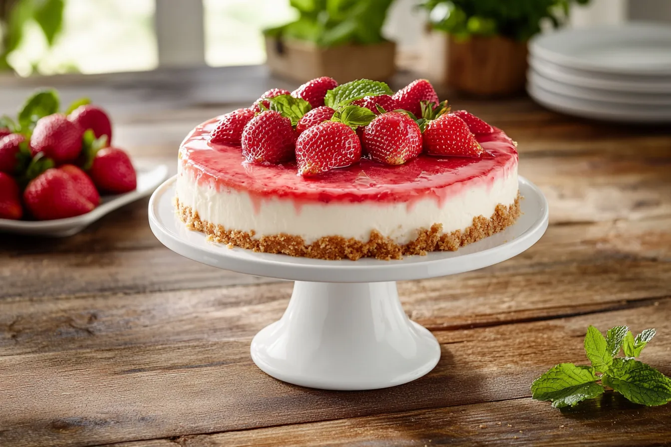 Berrylicious Strawberry Crunch Cheesecake on white cake stand with fresh strawberries and mint garnish