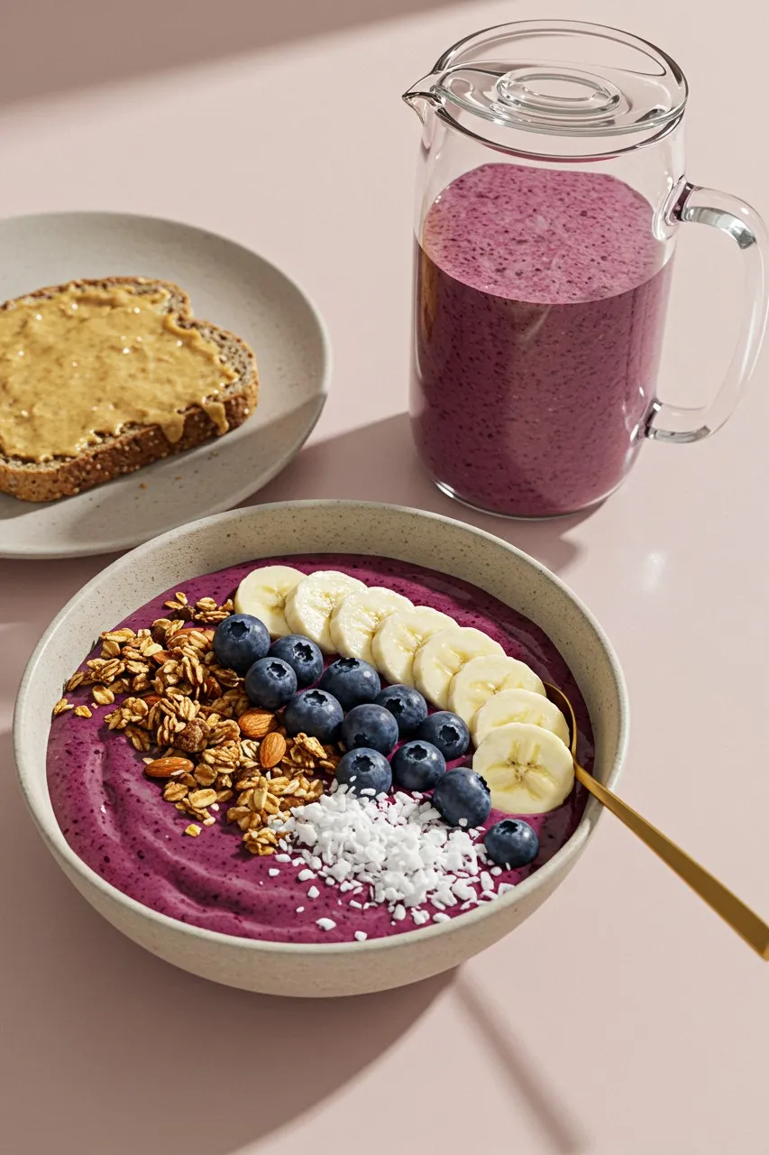 Smoothie bowl made from blueberry beet smoothie with toppings and toast on the side