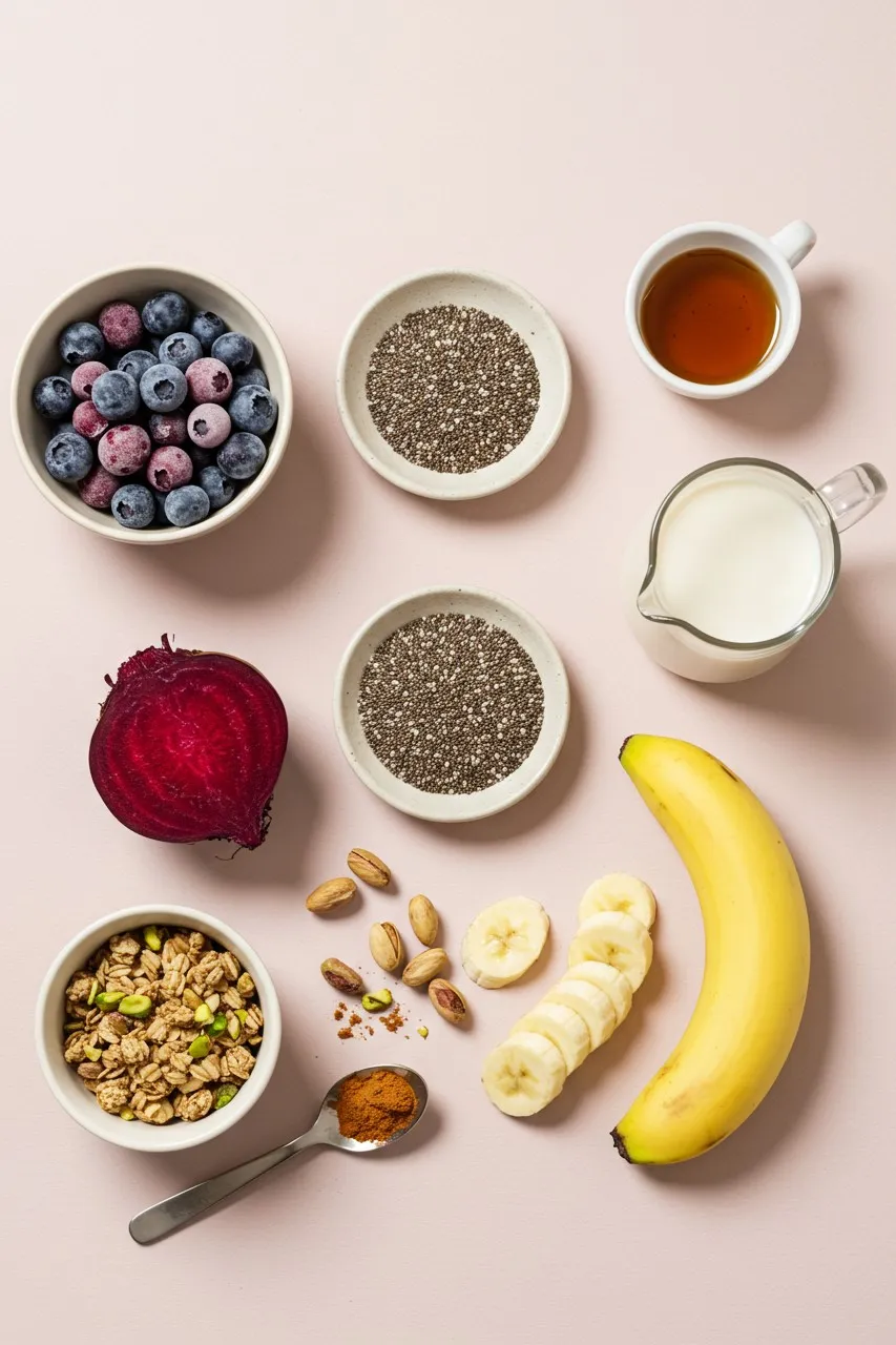 Ingredients flatlay for blueberry beet smoothie on pink background
