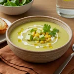 Creamy corn zucchini soup with avocado and herbs
